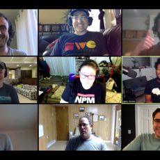 Angelo, Tantek, Karthik, Chris, Jordan, Jacky, Maxwell, David, and Aaron in a 3x3 grid, participating in a Zoom-based Homebrew Website Club meetup.