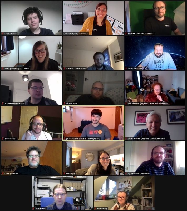 Screenshot of the Tech Nottingham Zoom call, with 17 smiling attendees with cameras on, out of a total 32 attendees. Near the centre, you can see Jamie, the speaker, wearing an IndieWeb Camp t shirt.