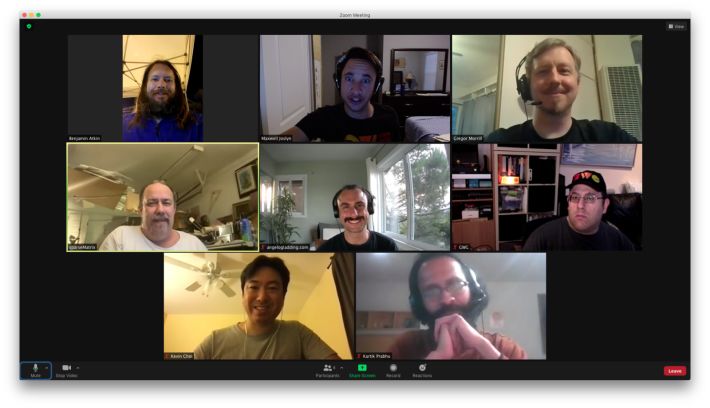 Grid of HWC 2021-05-12 participants in a Zoom video call.
Left to right, top to bottom:
Ben, Maxwell, gRegor
James, Angelo, Dave
Kevin, Kartik