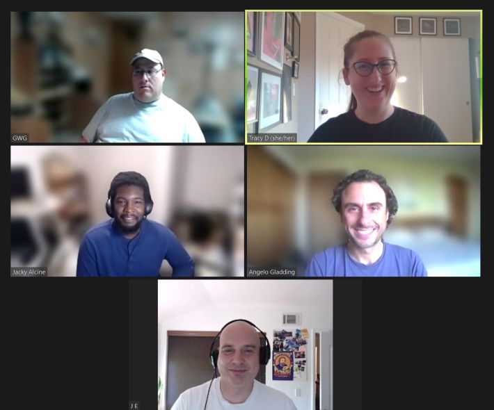 screenshot of zoom window with five attendees at the 2022 July 20 HWC Pacific, smiling at the camera for the most part