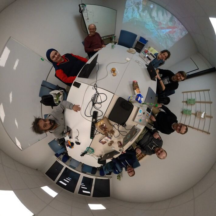 A fisheye lens photo of attendees at a table, taken from above