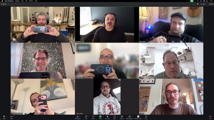Screenshot of a group of people on a Zoom call. Screenshot of a group of people on a Zoom call.