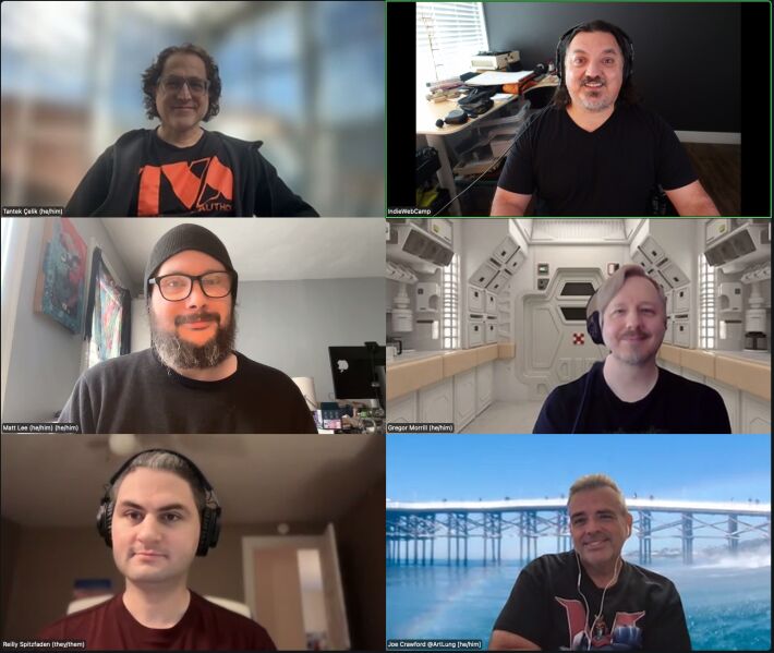 Grid of 6 people on a Zoom call. Grid of 6 people on a Zoom call.